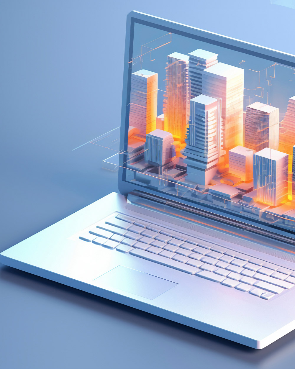 3D digital buildings emerging from a laptop screen, representing real-estate technology, smart city visualization, and digital property management.