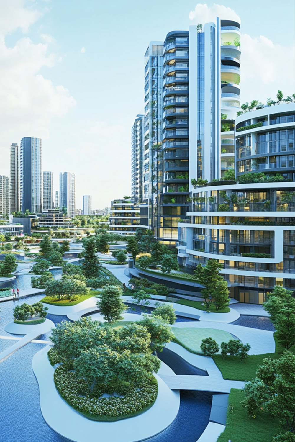 Modern eco-friendly cityscape featuring high-rise residential towers, landscaped terraces, and green urban spaces with trees, pathways, and water elements.