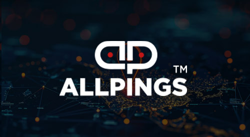 AllPings logo displayed over a digital network map background, representing location intelligence, data connectivity, and smart analytics technology.