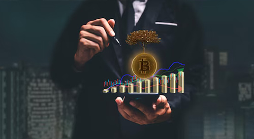 Businessman holding a glowing Bitcoin symbol above a digital growth chart, representing cryptocurrency investment, financial growth, and blockchain innovation.