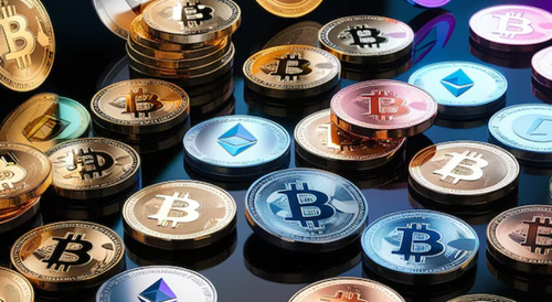 Collection of various cryptocurrency coins including Bitcoin and Ethereum, symbolizing portfolio diversification, digital assets, and blockchain-based financial investment.