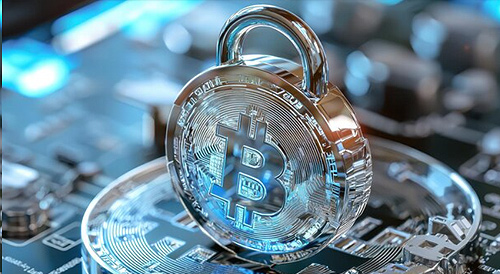 Close-up of a Bitcoin coin secured with a padlock on a circuit board, symbolizing cryptocurrency security, blockchain protection, and safe digital asset management.