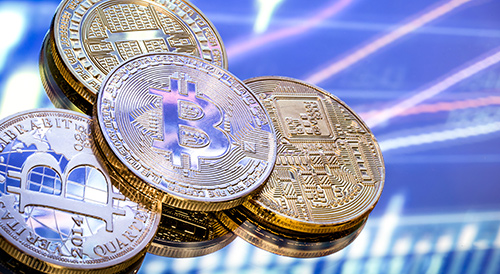 Stack of diverse cryptocurrency coins including Bitcoin, Ethereum, and Litecoin with a digital financial background, symbolizing blockchain diversity, digital asset trading, and crypto market evolution.