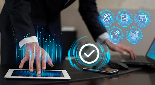 Businessperson using a digital tablet with glowing diversification icons, representing investment strategy, data analytics, and technology-driven business diversification.