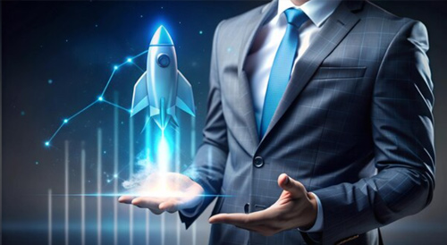 Businessman presenting a glowing rocket hologram symbolizing growth potential and business expansion.