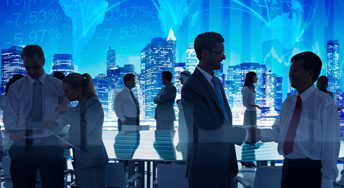 Business professionals collaborating and shaking hands in a modern office with a digital financial cityscape in the background.