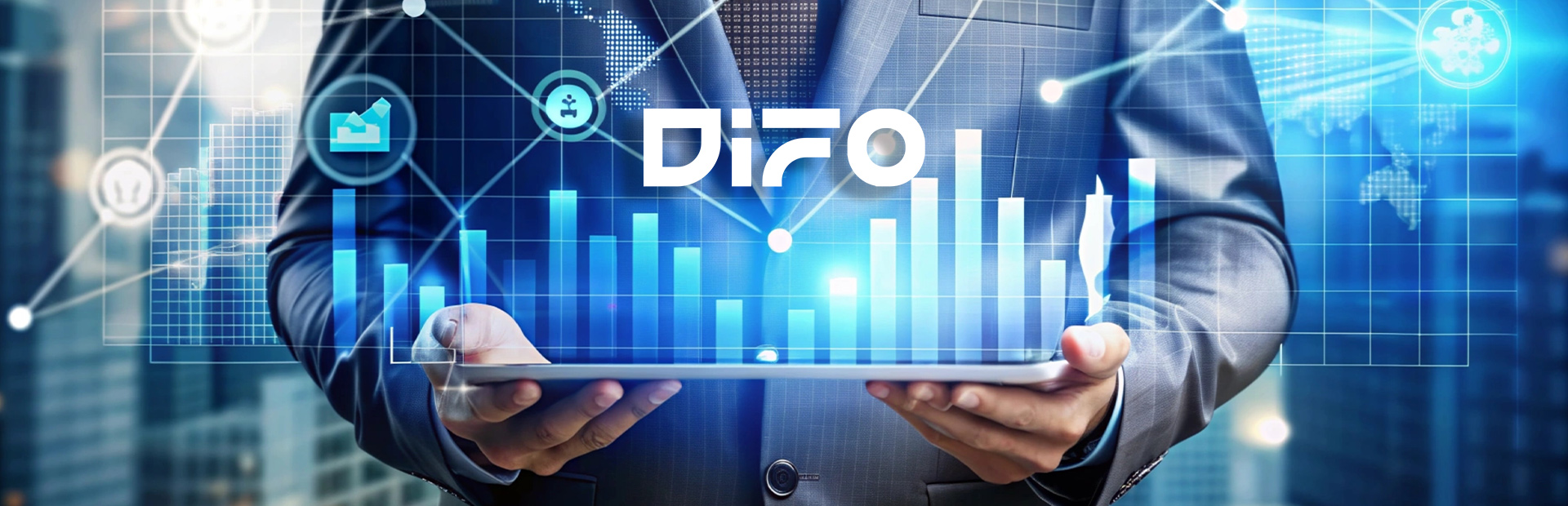 Business professional holding a digital tablet displaying rising financial charts and analytics with the DIFO logo.