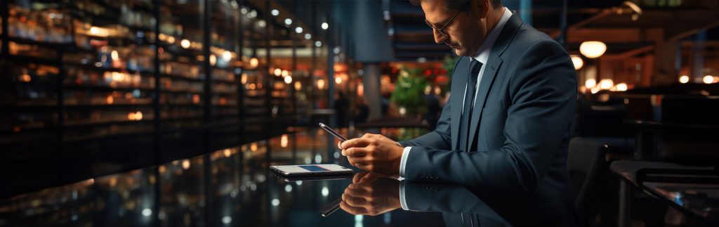 A businessman in a formal suit using a smartphone and tablet in a modern office setting, representing investors analyzing market data and financial opportunities.