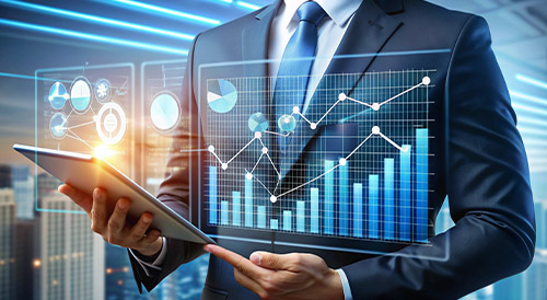 Businessman holding a tablet displaying a holographic financial growth chart, symbolizing market analytics, investment success, and data-driven strategy for startups.