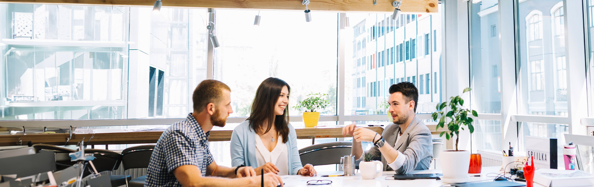 Young professionals collaborating in a bright modern office, symbolizing startup teamwork, creative brainstorming, and innovation in business development.
