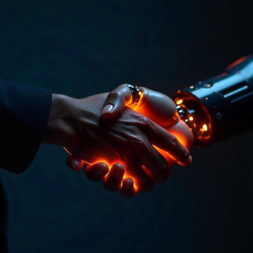 A human hand shaking hands with a robotic hand glowing with orange light, representing collaboration between humans and artificial intelligence in modern technology.
