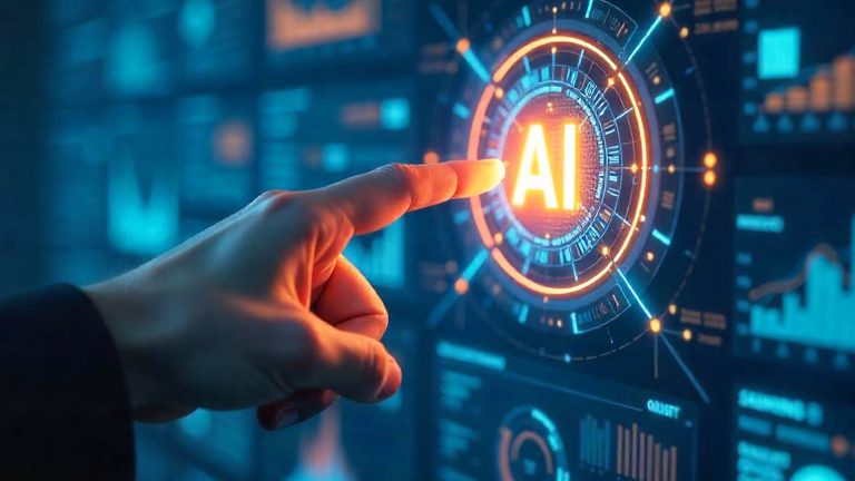 Close-up of a hand pressing a glowing AI button on a futuristic digital interface, representing artificial intelligence innovation, automation, and data-driven technology solutions.