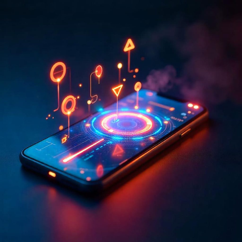 Futuristic smartphone interface displaying glowing holographic financial icons, symbolizing innovation and transformation in financial technology (fintech).