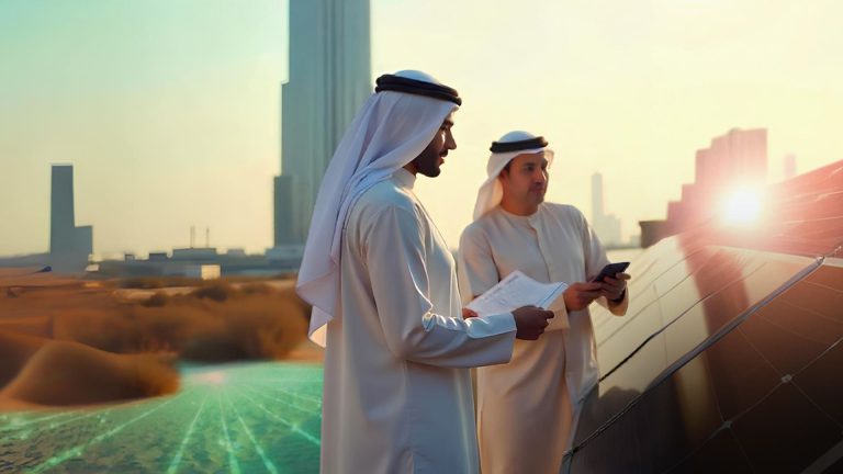 Two Saudi professionals in traditional attire analyzing renewable energy data near solar panels at sunset, symbolizing Saudi Arabia’s commitment to sustainable technology, innovation, and clean energy investment.