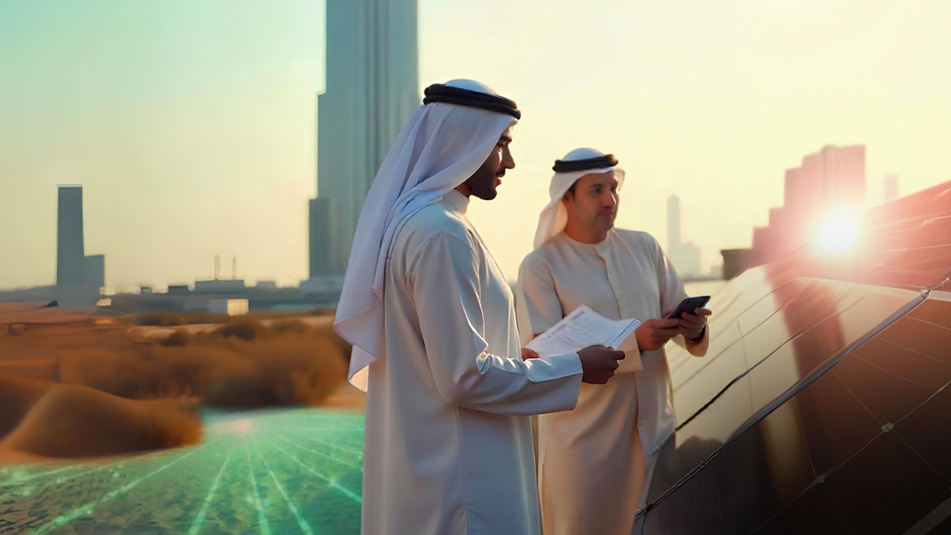 Two Saudi professionals in traditional attire analyzing renewable energy data near solar panels at sunset, symbolizing Saudi Arabia’s commitment to sustainable technology, innovation, and clean energy investment.
