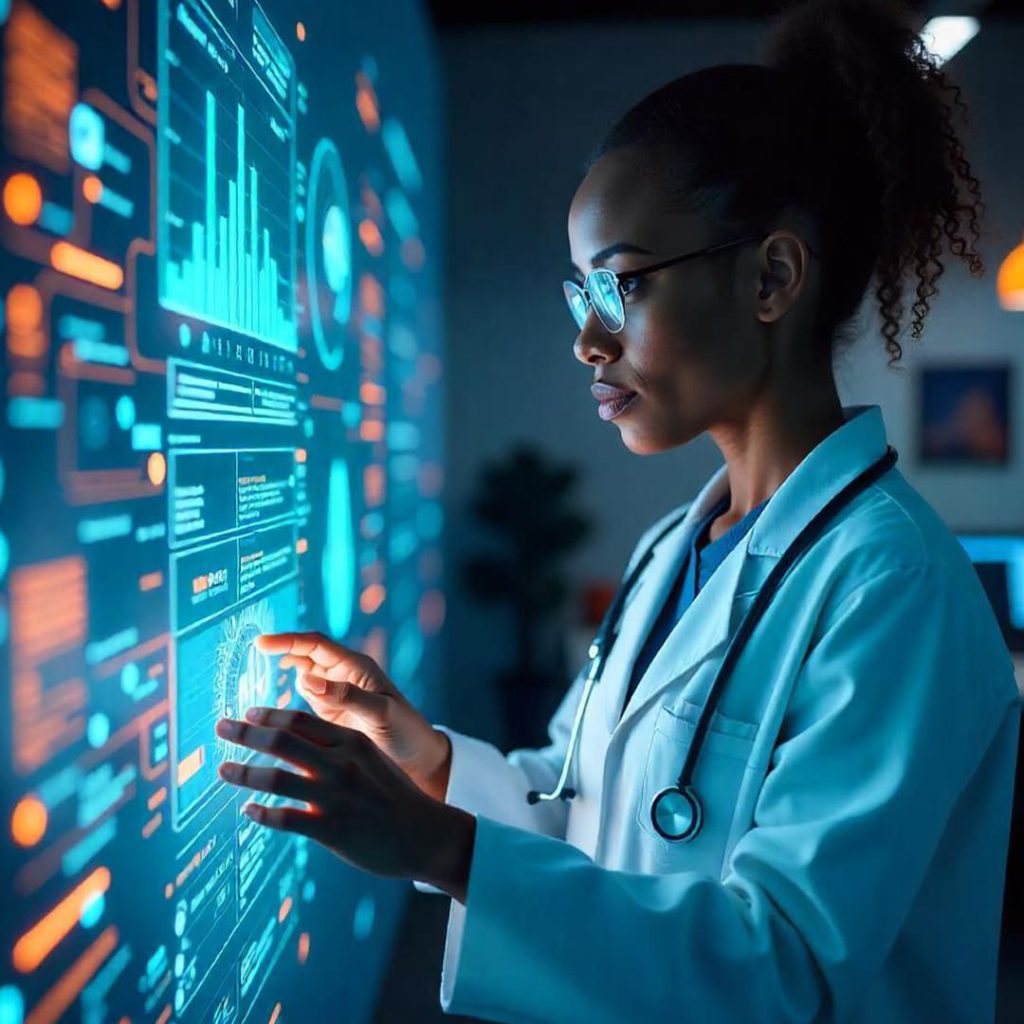 Doctor analyzing medical data on a futuristic digital interface, symbolizing the integration of AI and advanced technology in modern healthcare innovation.