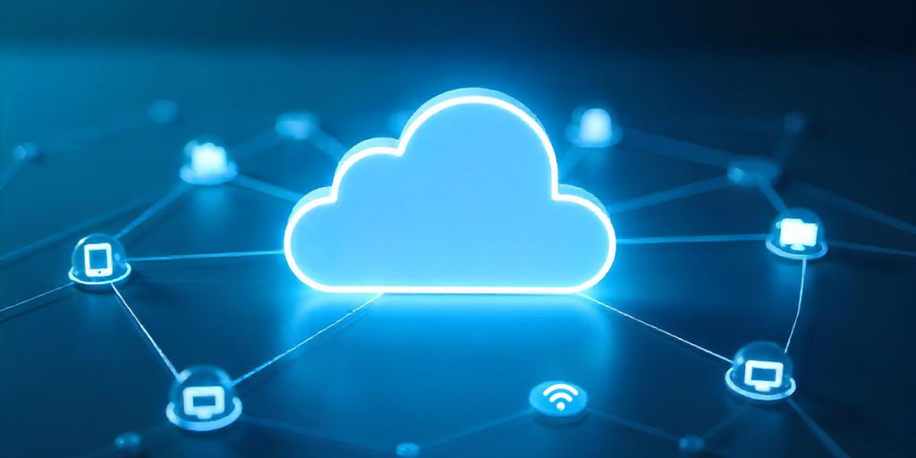 Glowing blue cloud icon connected to multiple digital devices, representing cloud computing, data storage, and secure network connectivity in modern IT infrastructure.