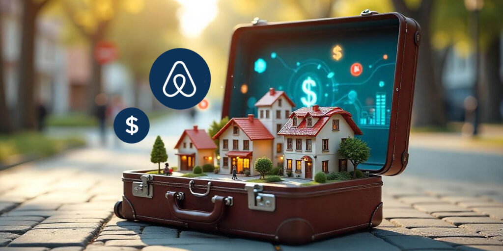 Miniature houses inside an open leather suitcase with digital currency and Airbnb icons, symbolizing Airbnb’s influence on local economies, travel innovation, and the global short-term rental market transformation.