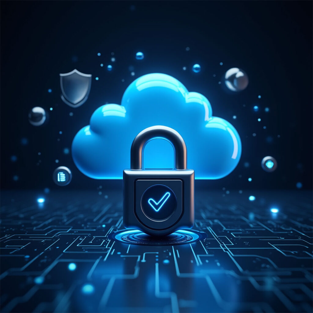 3D cloud with a secure padlock and digital shields glowing in blue, symbolizing advanced cybersecurity, encrypted cloud storage, and enhanced data protection in SaaS and enterprise environments.