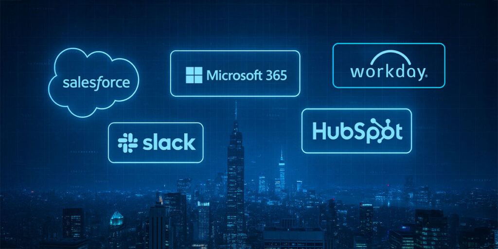 Logos of major SaaS platforms including Salesforce, Microsoft 365, Workday, HubSpot, and Slack displayed over a digital cityscape, symbolizing the global impact and innovation of leading cloud-based software providers.