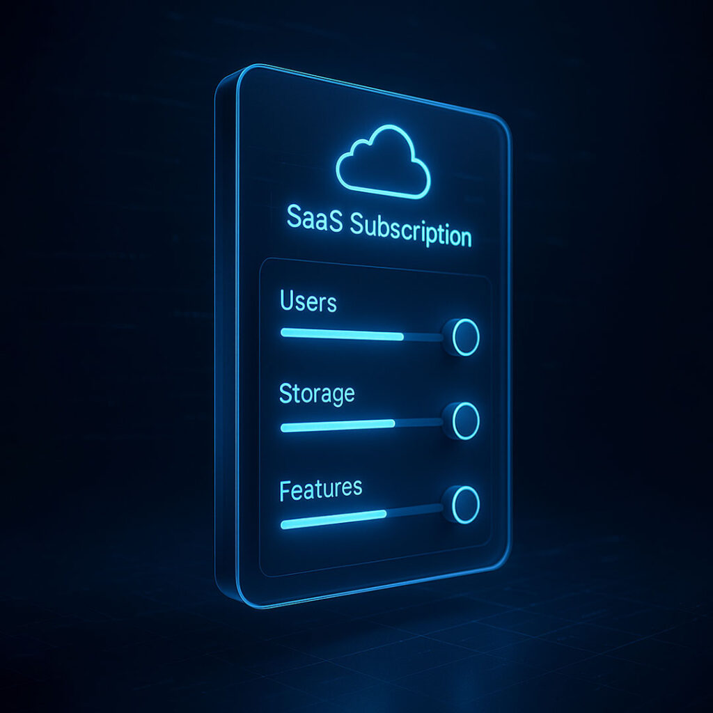 Futuristic 3D interface showing a SaaS subscription panel with adjustable sliders for users, storage, and features, representing scalability, flexibility, and customization in cloud-based software services.
