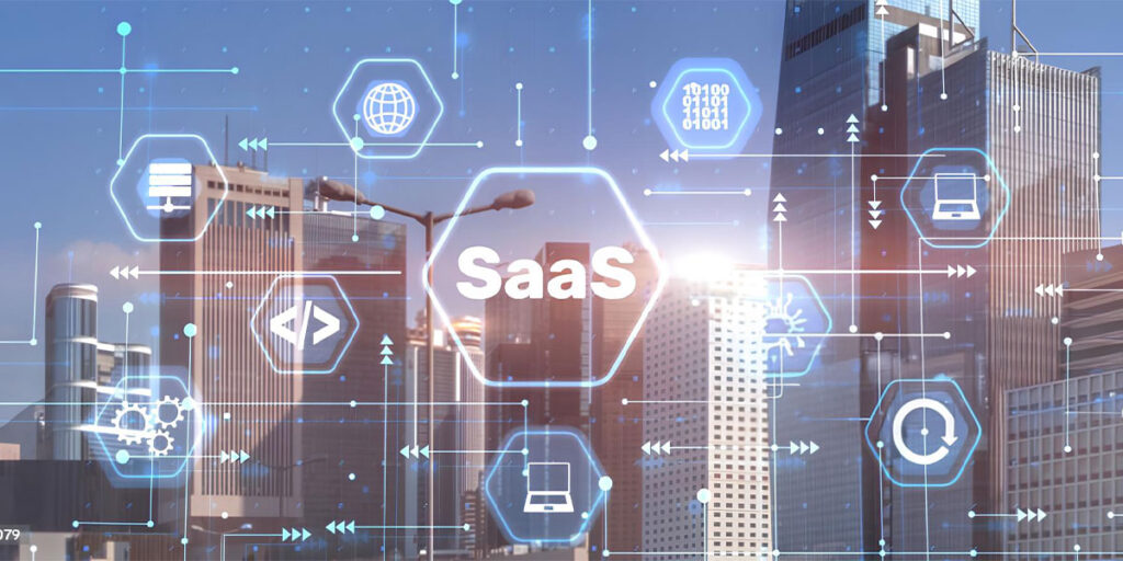 Modern city skyline overlaid with digital SaaS icons and data connections, symbolizing the growing adoption of cloud-based software solutions among Fortune 500 companies and the digital transformation of global enterprises.