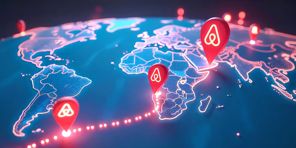 Digital world map with glowing Airbnb location pins across continents, representing Airbnb’s global reach, expansion strategy, and influence on international travel and hospitality markets.