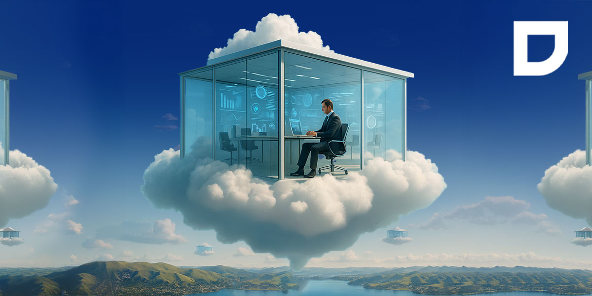Business professional working inside a glass office floating on a cloud, representing the concept of cloud-based workspaces, remote access, and the flexibility of SaaS and digital transformation in modern enterprises.