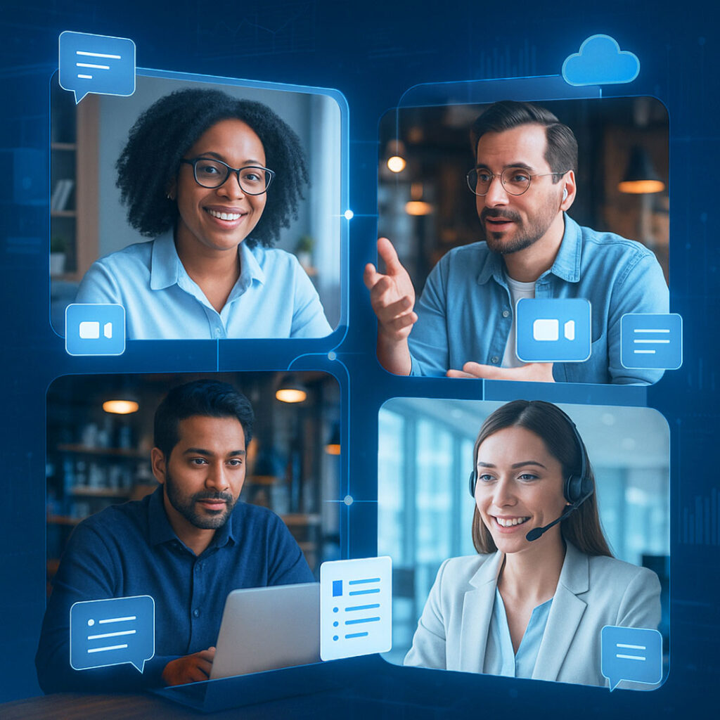 Team of professionals engaged in a virtual meeting through cloud-based video conferencing, symbolizing remote collaboration, digital connectivity, and the growing adoption of SaaS platforms in modern business operations.