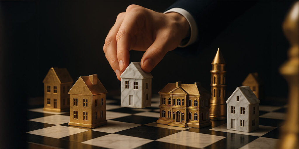 Hand placing miniature house models on a chessboard, symbolizing strategic decision-making, market positioning, and competitive challenges in the real estate and property investment sector.