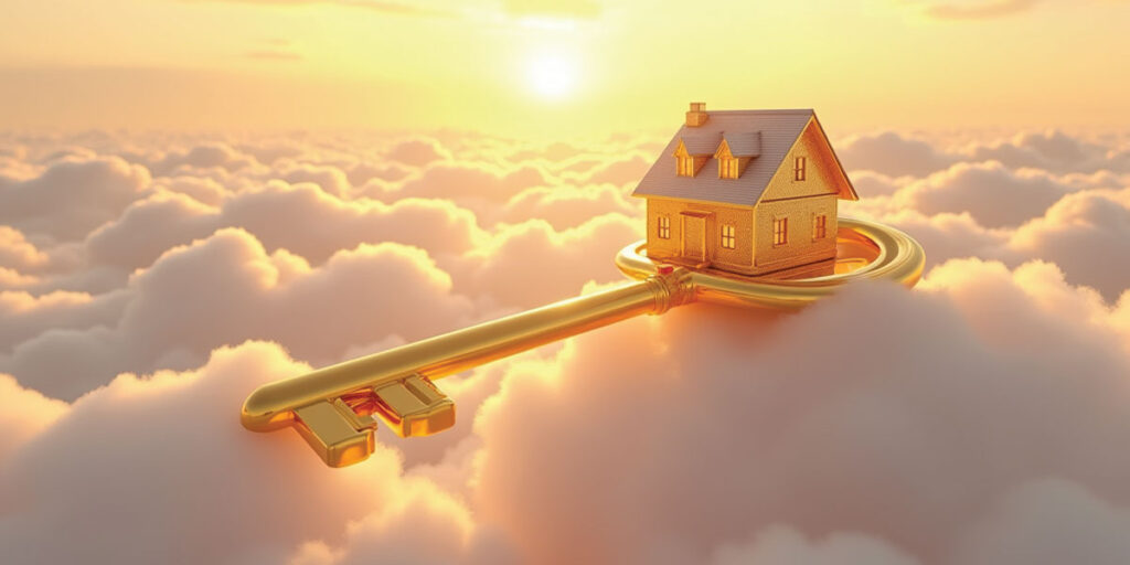 Golden key holding a house floating above the clouds at sunrise, symbolizing real estate prosperity, opportunity, and the key drivers of growth in luxury property markets across the GCC and MENA regions.