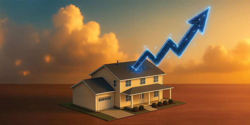Golden key holding a house floating above the clouds at sunrise, symbolizing real estate prosperity, opportunity, and the key drivers of growth in luxury property markets across the GCC and MENA regions.
