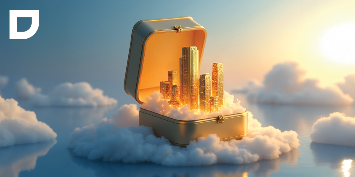 Golden skyscrapers emerging from a jewelry box surrounded by clouds, symbolizing luxury real estate, premium investments, and the rising value of high-end property markets in the GCC and MENA regions.