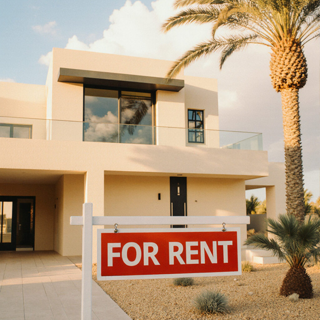 Modern villa with palm trees and a prominent “For Rent” sign in front, representing Dubai’s real estate market trends, property investment opportunities, and rental outlook for investors.