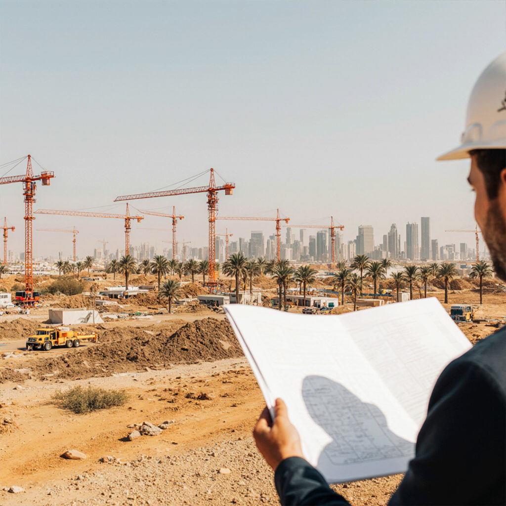 Engineer wearing a hard hat reviewing construction blueprints at a large development site with cranes and city skyline in the background, symbolizing urban expansion and real estate growth in Dubai.