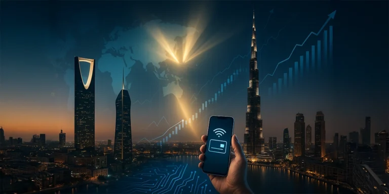Hand holding a smartphone with digital payment icon against Riyadh and Dubai skylines, symbolizing fintech innovation, digital transformation, and economic growth across the MENA region.
