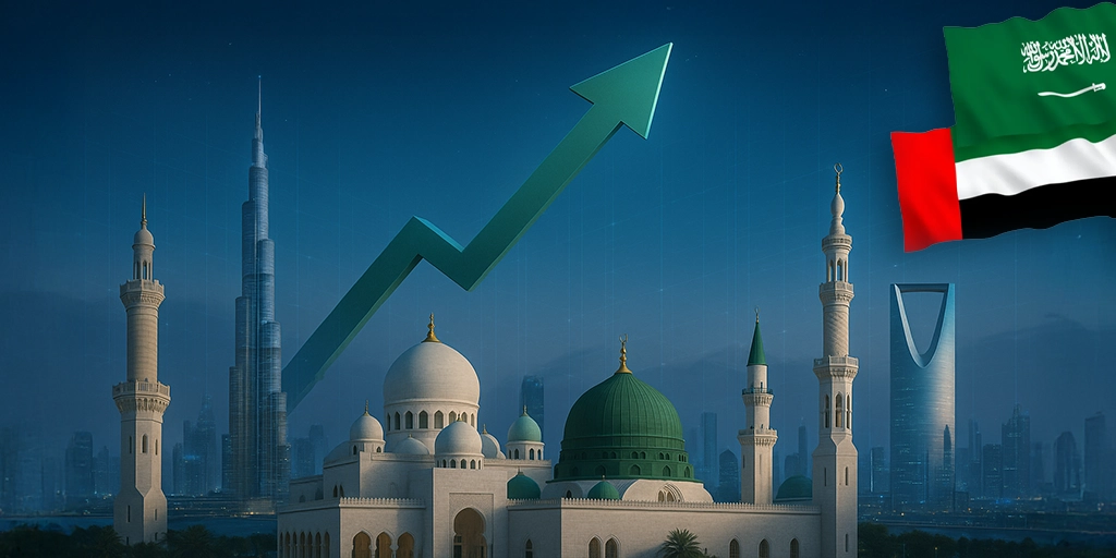 Illustration of MENA economic growth with rising arrow, featuring iconic landmarks from UAE and Saudi Arabia, national flags, and modern skylines symbolizing regional development and investment momentum.
