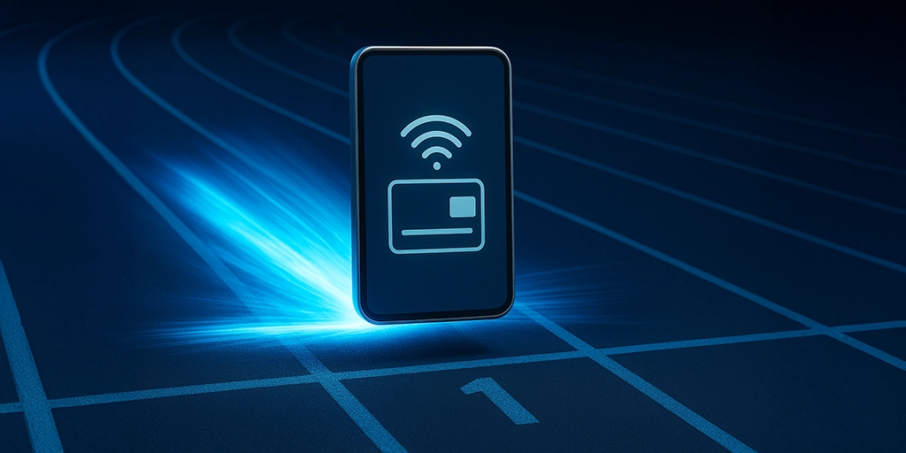 Digital illustration of a smartphone with wireless payment icon on a racetrack, symbolizing the accelerating growth and innovation of fintech and digital payments in the MENA region.