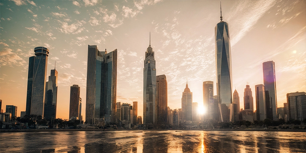 Modern skyline of Riyadh at sunrise reflecting on water, showcasing Saudi Arabia’s rapid urban growth, architectural innovation, and infrastructure development under Vision 2030 initiatives.