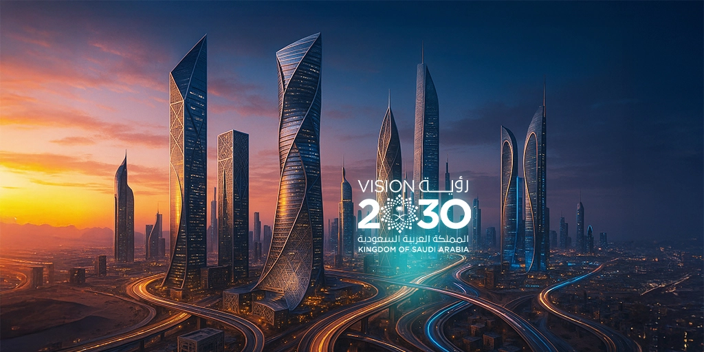 Futuristic skyline of Riyadh featuring Vision 2030 logo at sunset, symbolizing Saudi Arabia’s economic transformation, infrastructure investment, and sustainable urban development goals for 2030.
