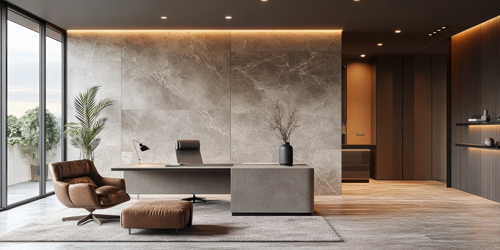 Elegant modern office interior with minimalist furniture, marble accent wall, warm lighting, and large glass windows symbolizing luxury real estate design and professional workspace aesthetics.