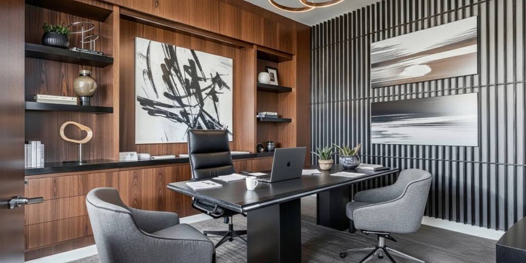 Contemporary executive office with wooden shelving, modern artwork, and sleek furniture symbolizing corporate sophistication and professional real estate interiors in the MENA business sector.