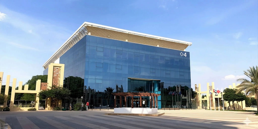 Modern glass commercial building with reflective facade, surrounded by palm trees and open plaza under a clear sky, representing business infrastructure and real estate development in the MENA region.